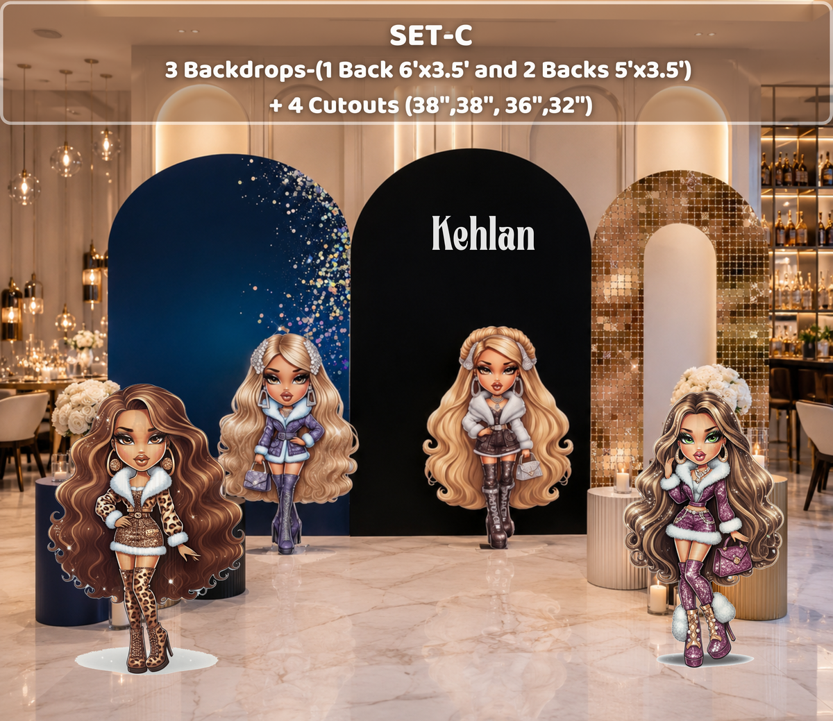 Custom Glam Fashion Doll Birthday Backdrop & Cutouts | Personalized Girly Party Decorations