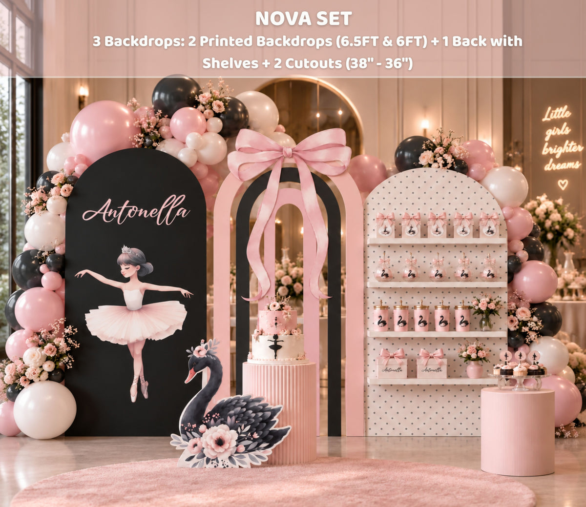 Ballerina birthday backdrop with integrated display shelves, pastel pink panels and elegant ballet party decorations.