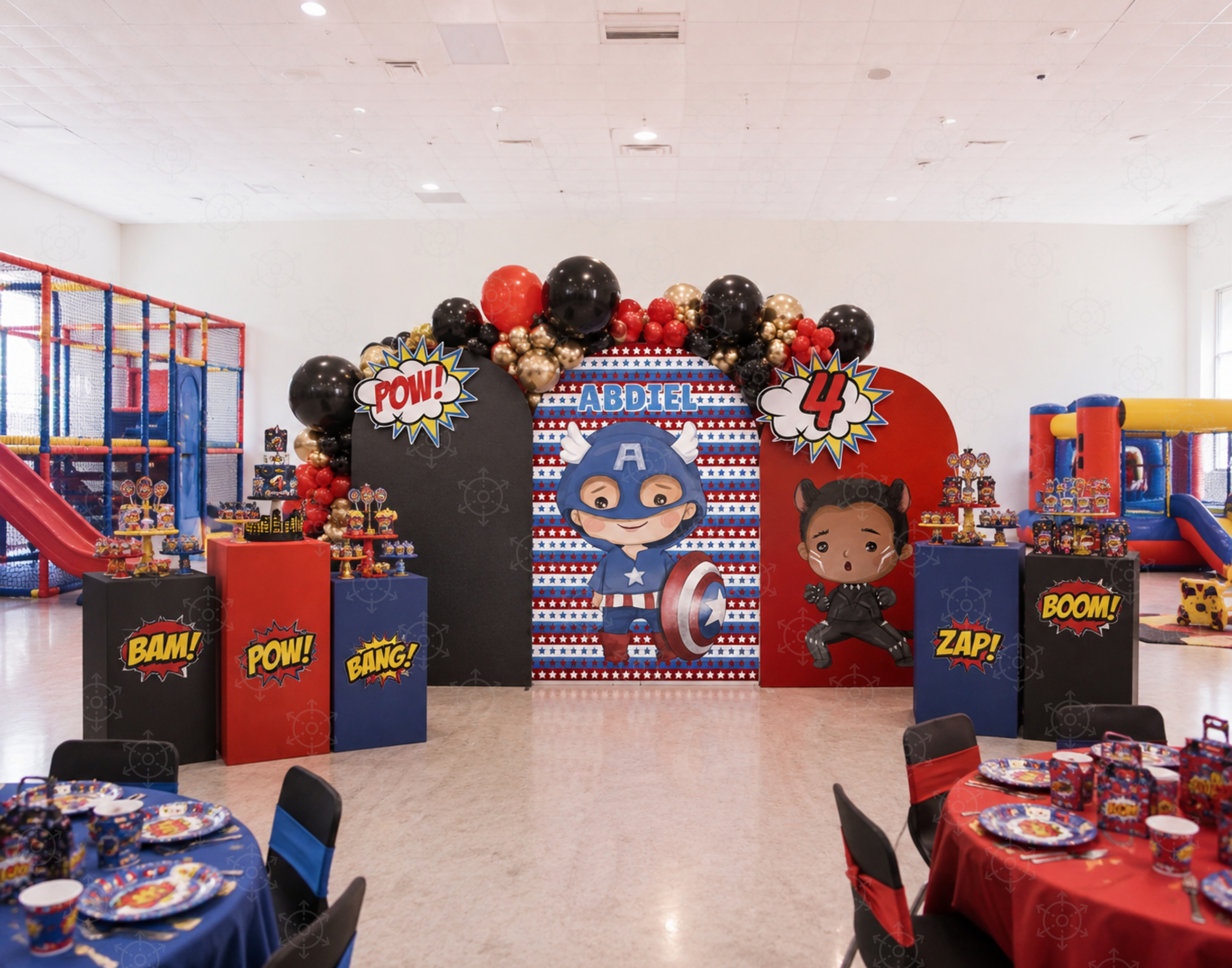 Superhero First Birthday Backdrop & Cutouts | Personalized Comic City Party Decorations
