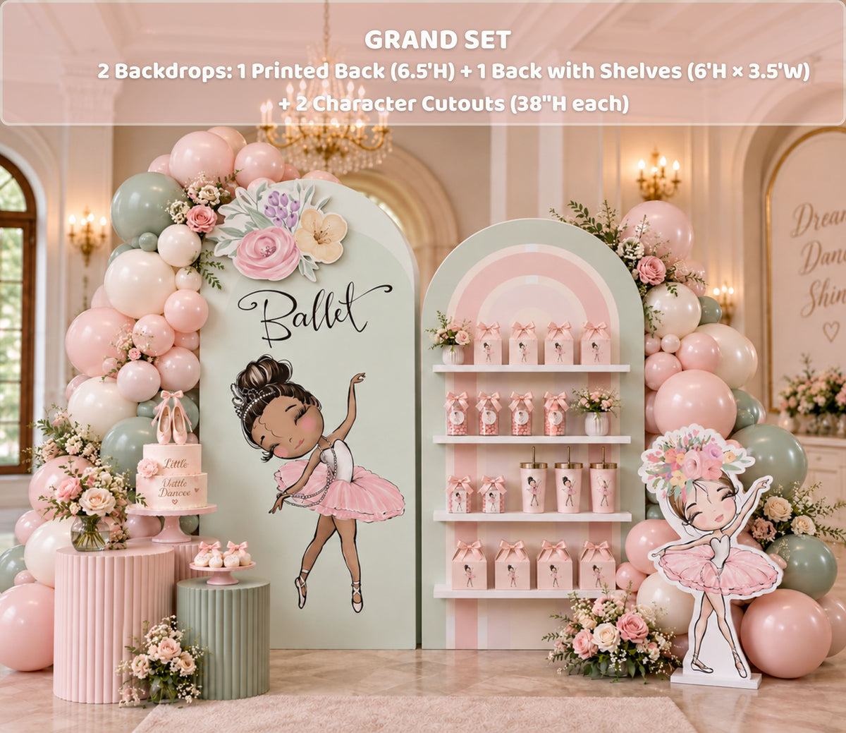 Pink ballet party shelf set with floral accents, soft balloon decor and personalized ballerina birthday styling.