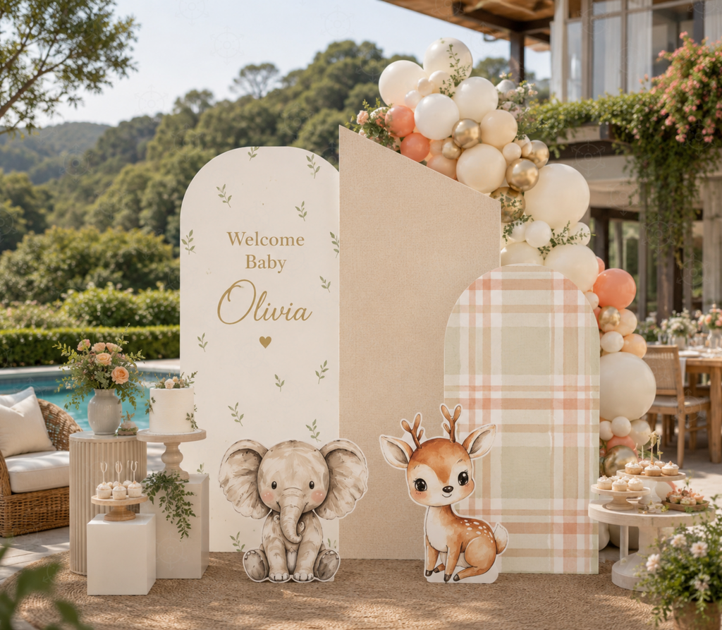 Neutral little animal friends backdrop with soft beige panel, balloons and woodland animal decorations