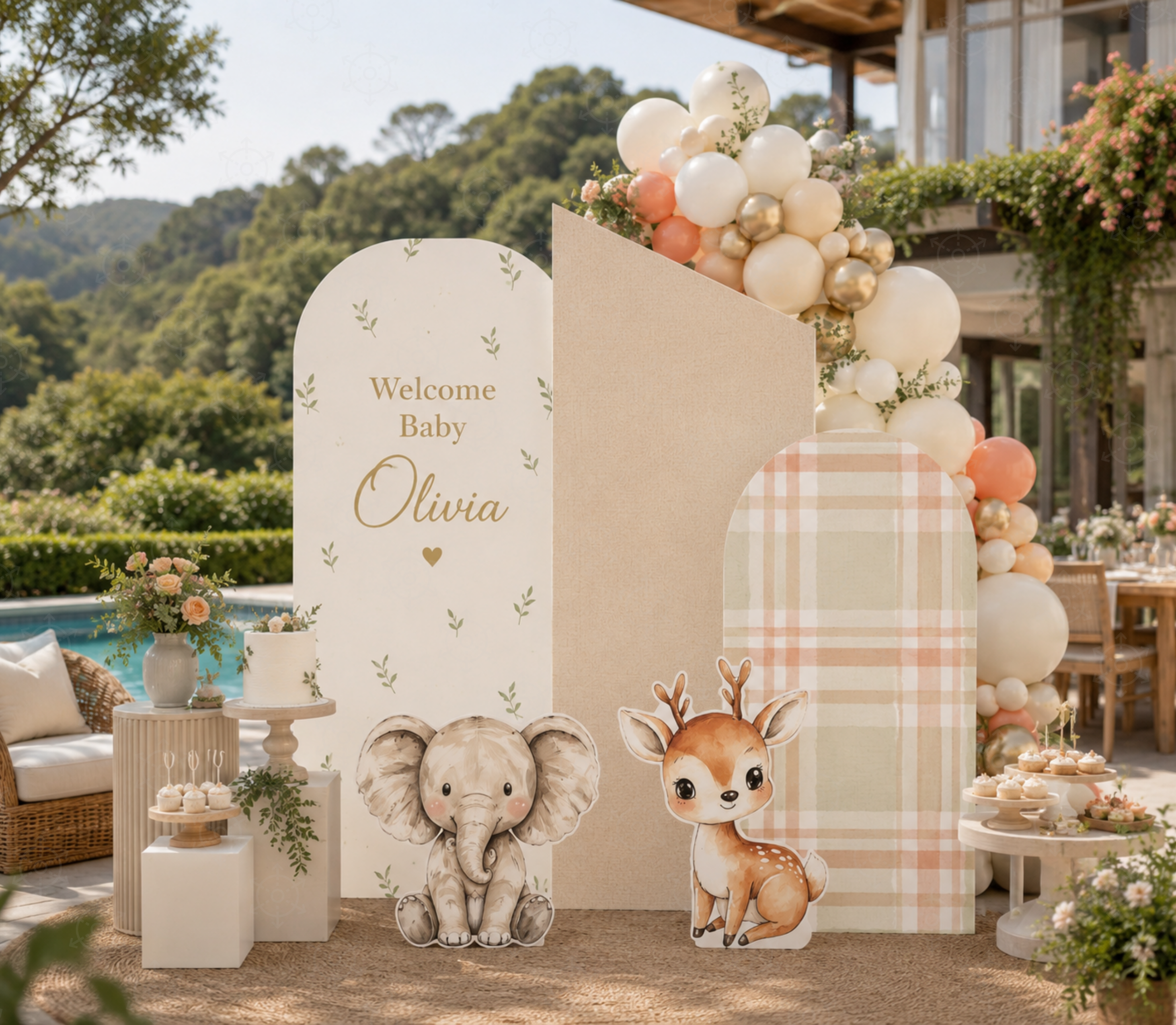 Neutral little animal friends backdrop with soft beige panel, balloons and woodland animal decorations