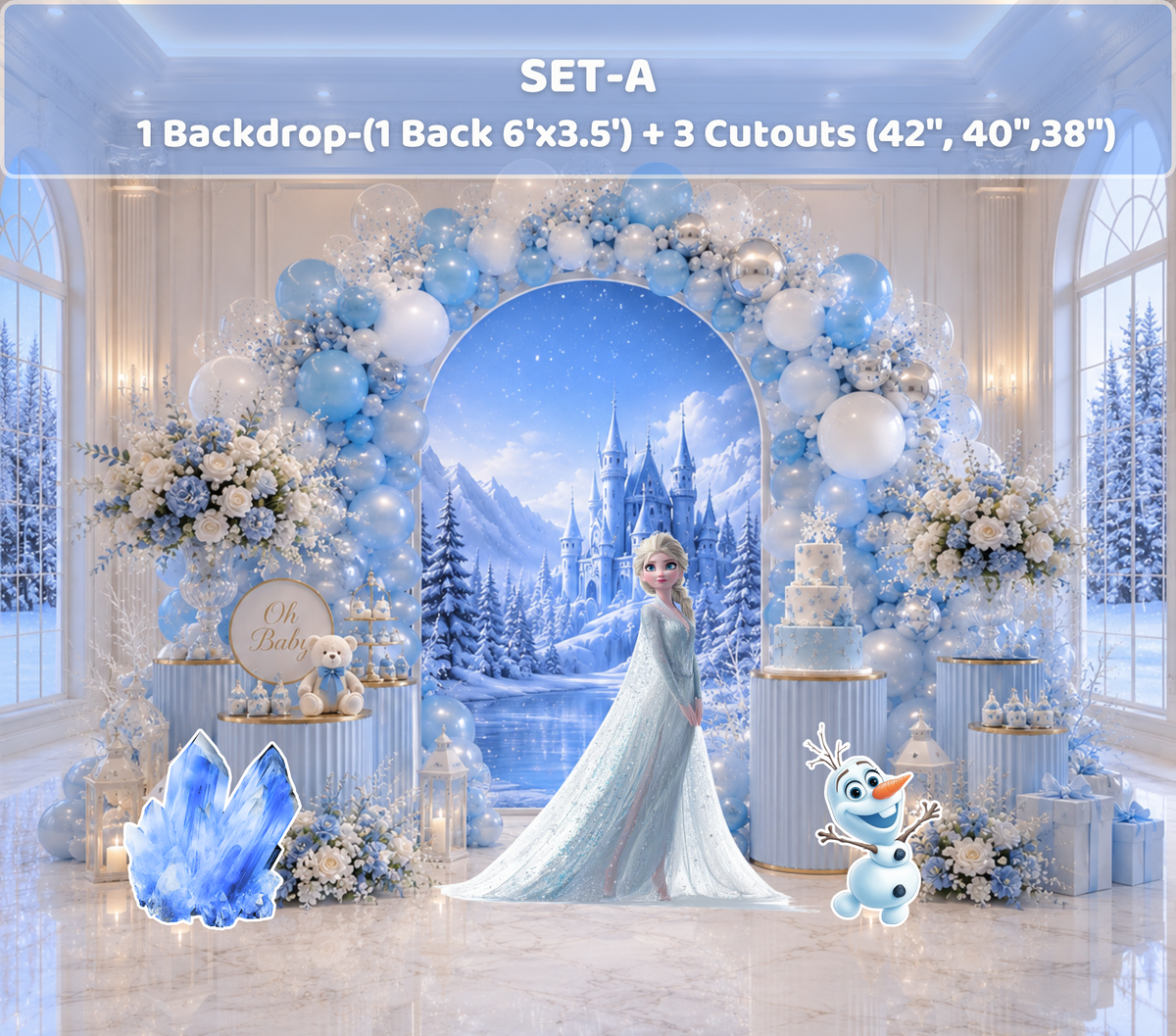 Snow Queen Princess Ice Castle Backdrop | Personalized 3-Panel Arch Birthday Party Decor