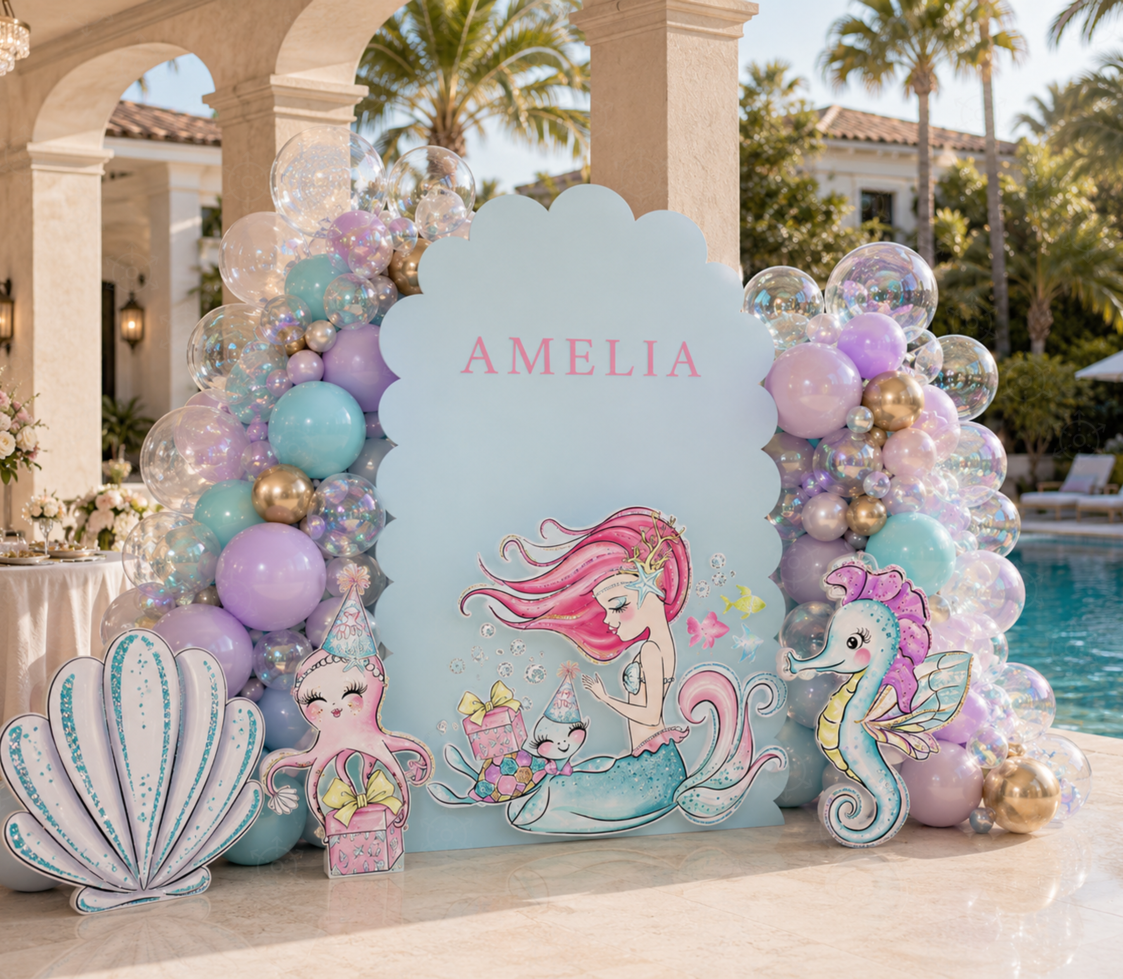 Personalized ocean birthday backdrop with pink and lavender panels, sea life cutouts and elegant mermaid party decorations.