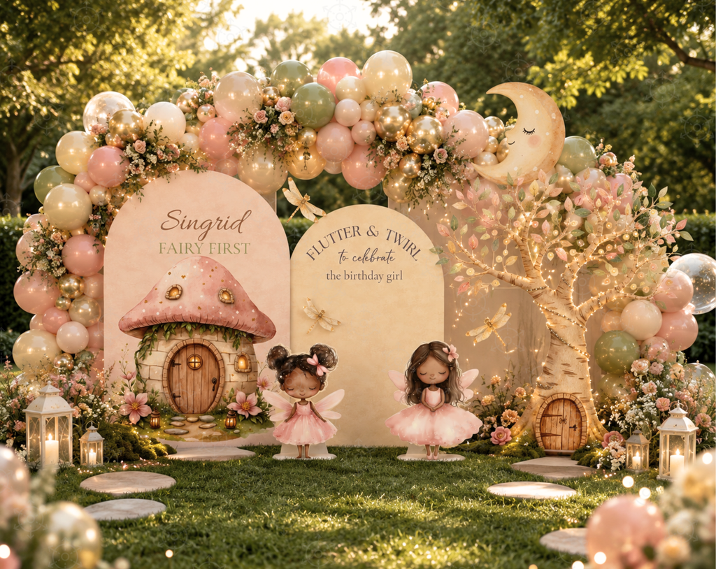 Fairy First Birthday Backdrop & Cutouts | Personalized Enchanted Garden Party Decorations