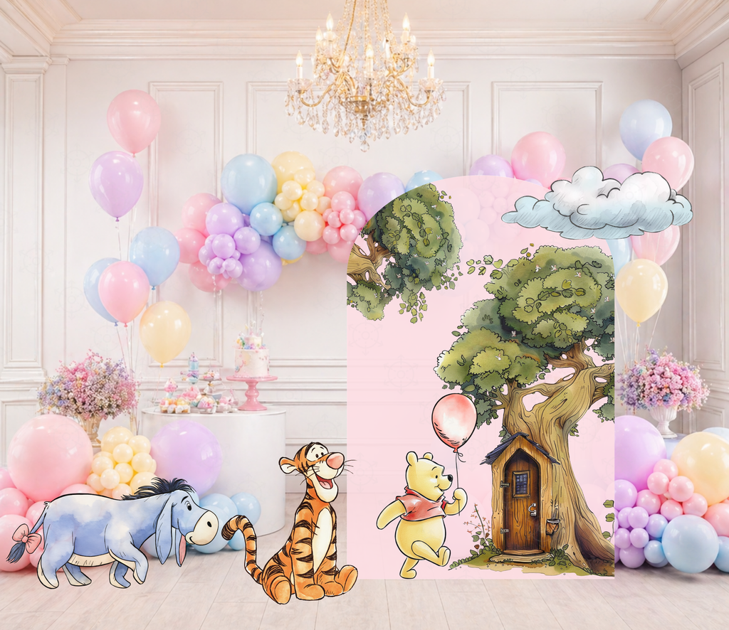Personalized pastel Honey Bear party backdrop with storybook character cutouts, tree house, clouds and balloons for a baby shower or first birthday.