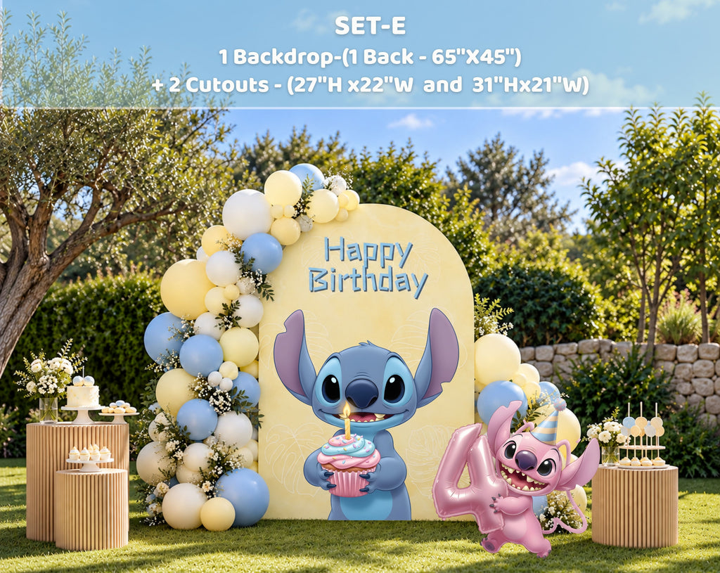 Outdoor blue alien birthday backdrop with pastel balloons, light blue panel and colorful character cutouts for a fun kids celebration.