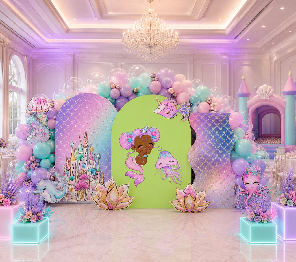 Rainbow little mermaid birthday backdrop with pastel ocean decorations and character cutout
