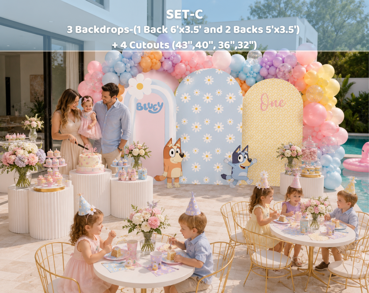 Pastel puppy family birthday setup with blue gingham and pink backdrop panels, character cutouts and coordinated party table decorations.