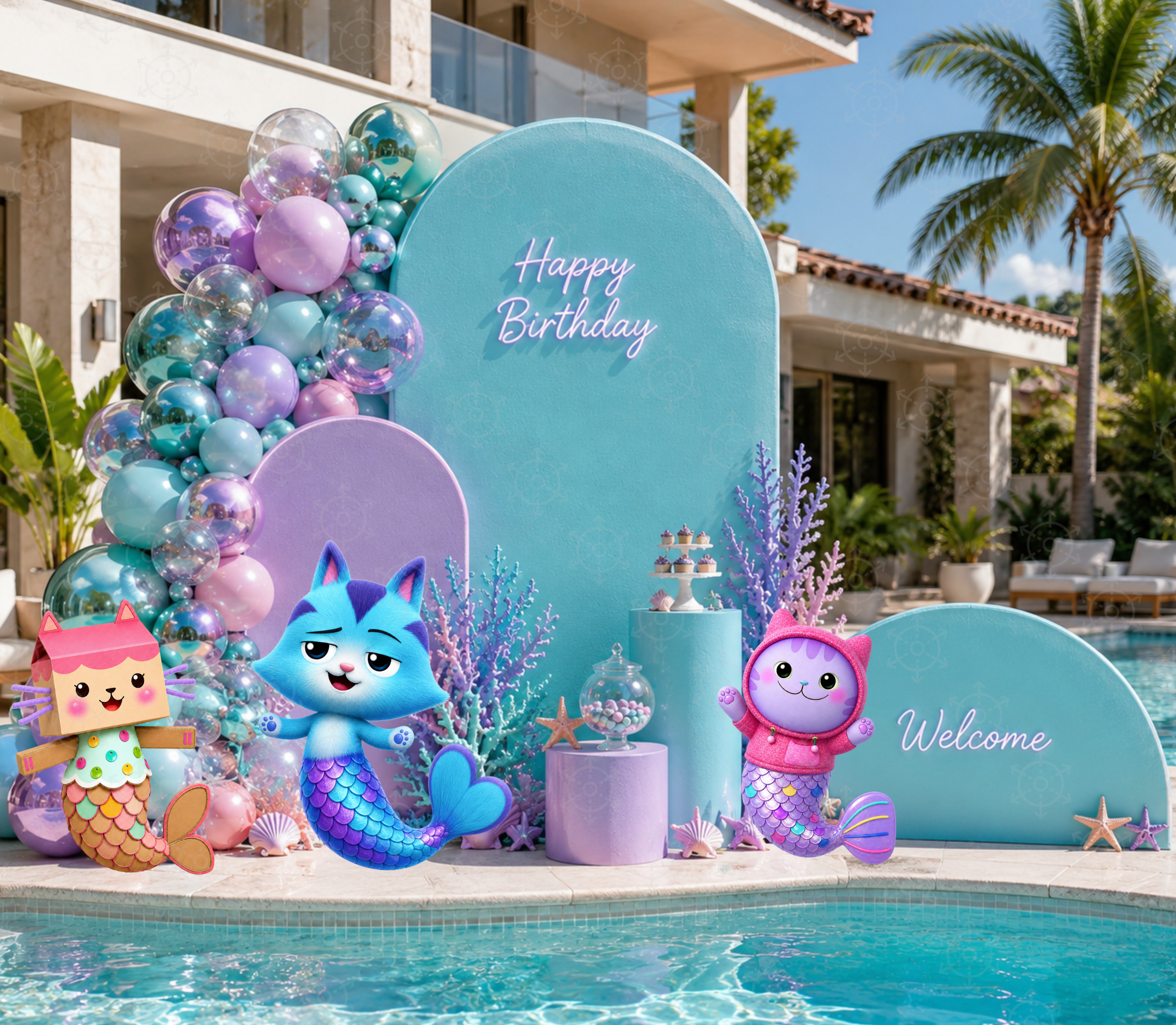 Aqua personalized Gabby's Dollhouse mermaid birthday backdrop with coordinated character cutouts