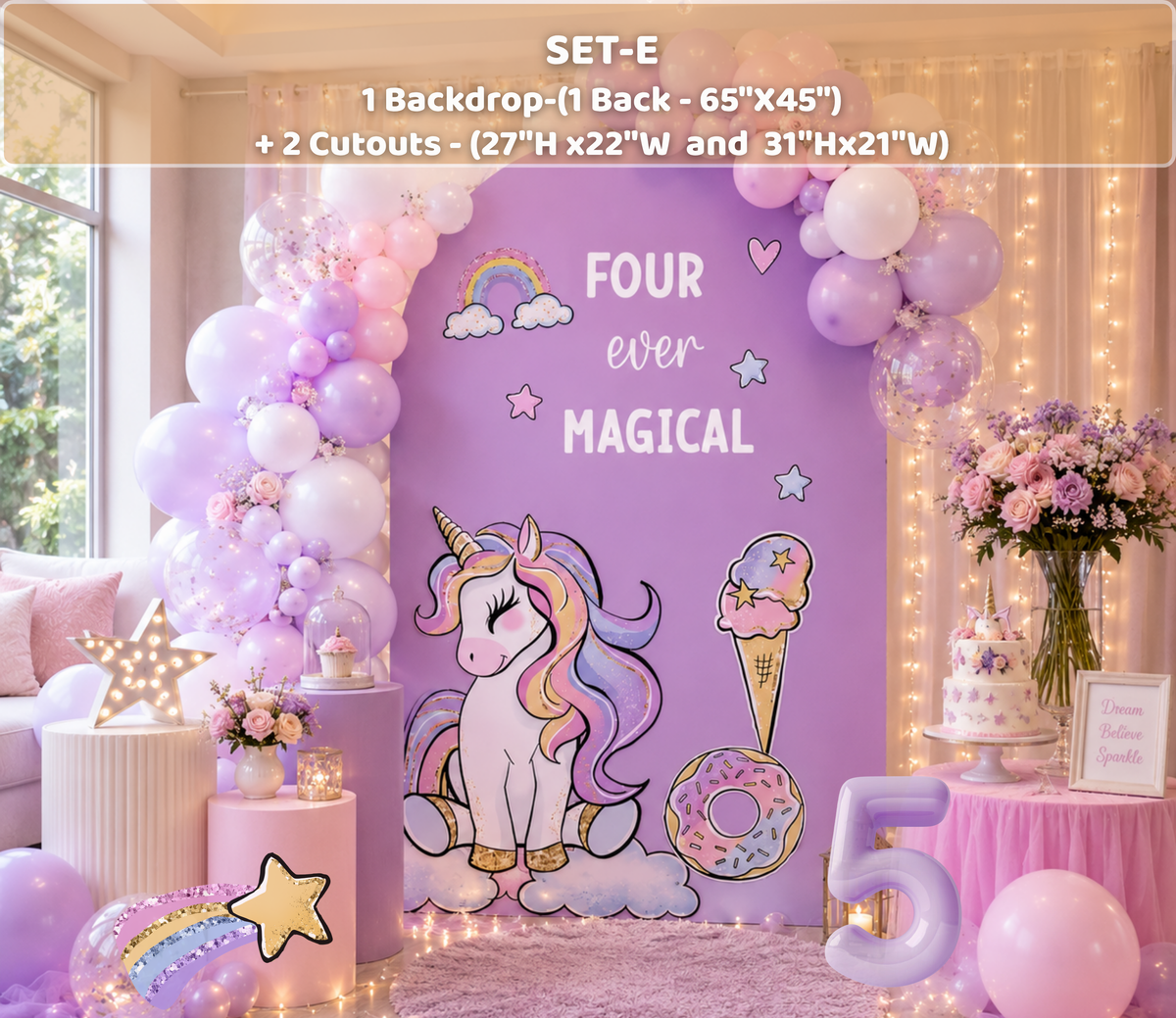 Personalized purple unicorn birthday backdrop with pastel balloons, rainbow details and whimsical cutouts for a magical party display.