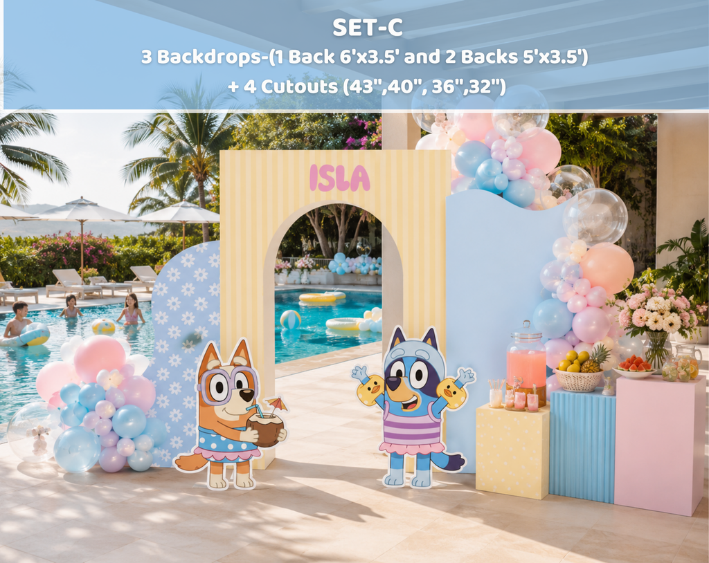 Custom Blue Puppy Pool Party Backdrop & Cutouts | Personalized Summer Kids Birthday Decorations