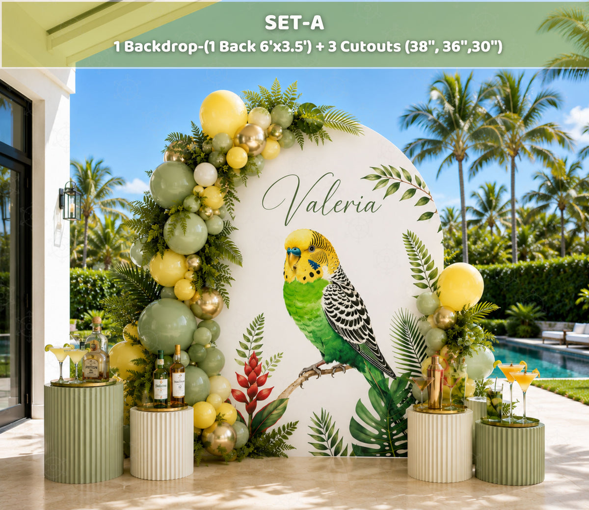 Tropical parrot birthday backdrop with yellow floral accents and personalized outdoor party decor