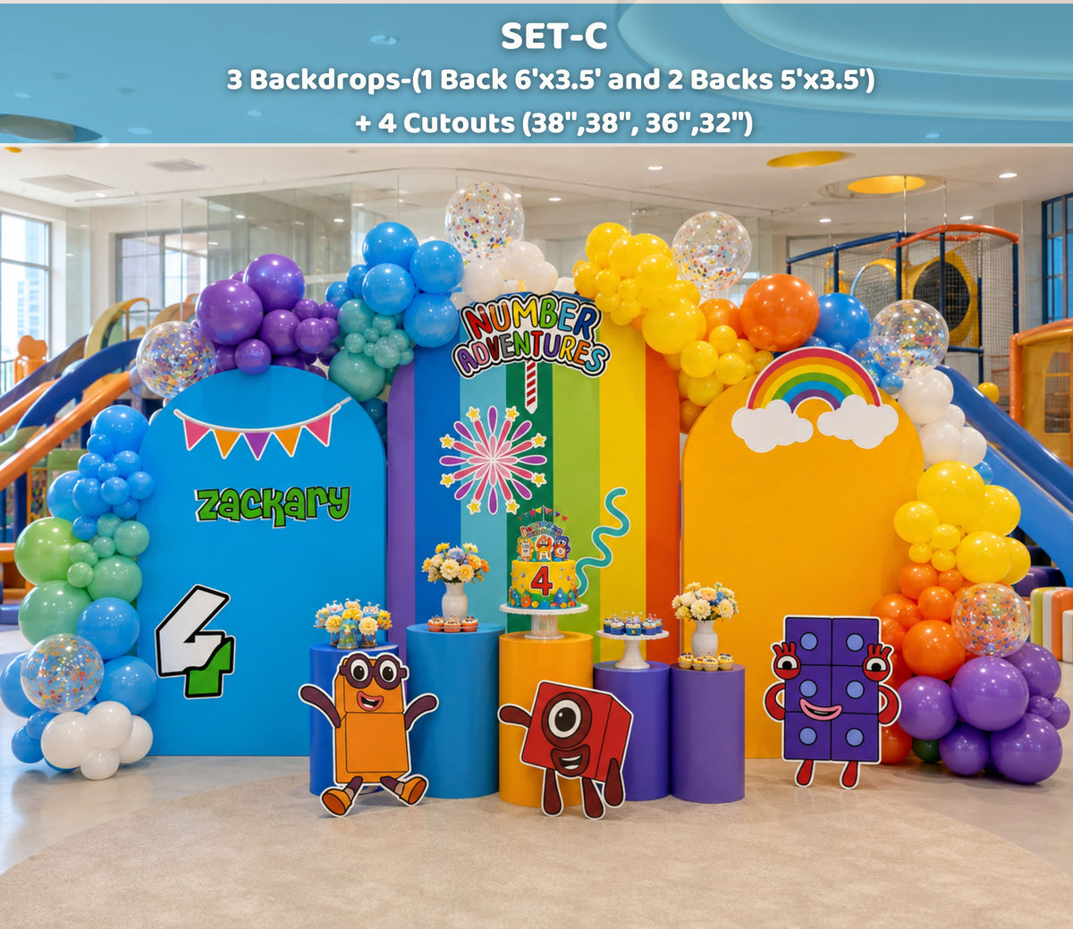 Blue Numberblocks birthday backdrop with colorful number characters, rainbow balloon clusters and personalized party decor.