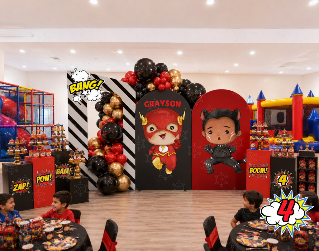 Superhero First Birthday Backdrop & Cutouts | Personalized Comic City Party Decorations