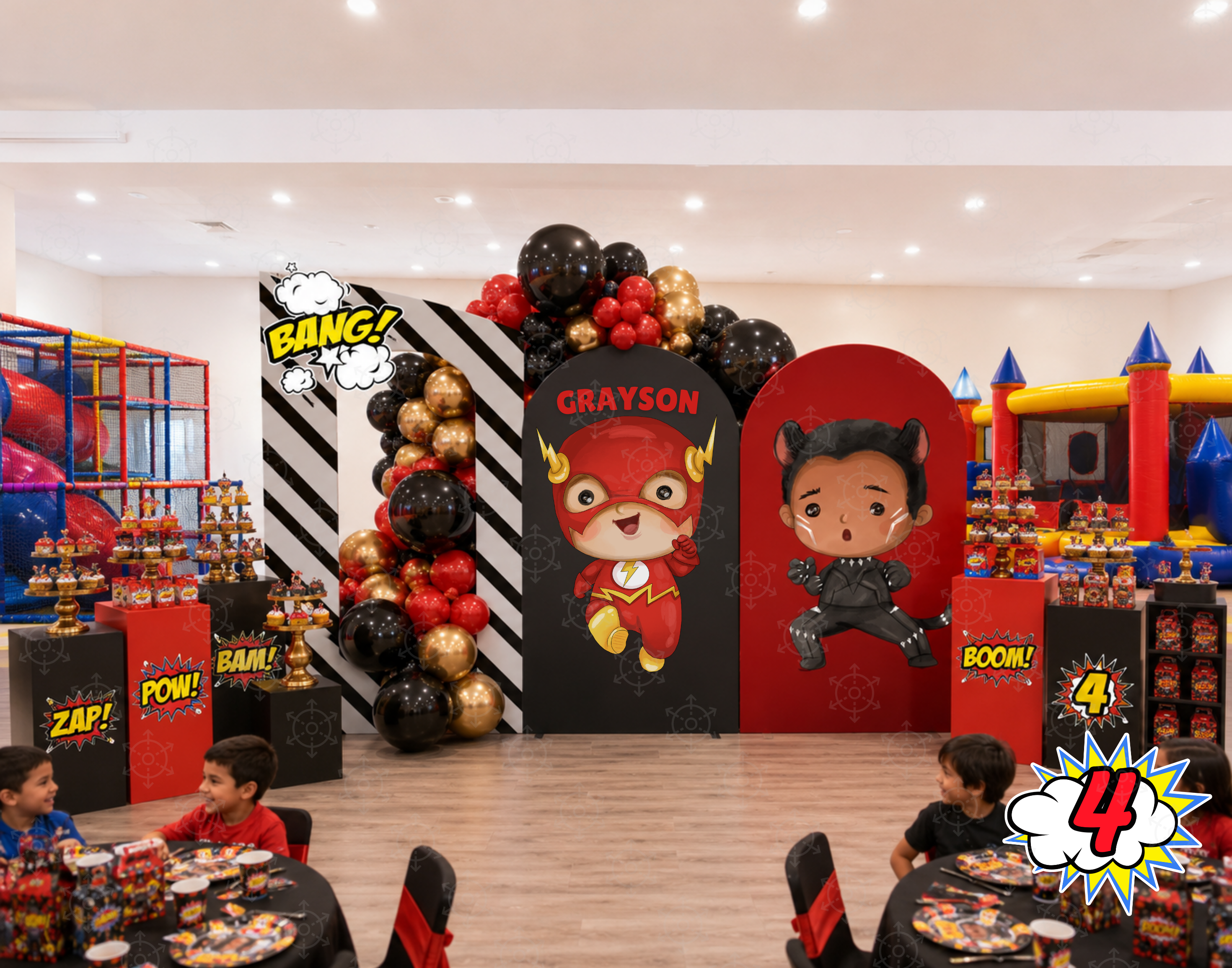 Superhero First Birthday Backdrop & Cutouts | Personalized Comic City Party Decorations