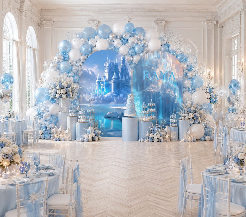 Snow Queen Princess Ice Castle Backdrop | Personalized 3-Panel Arch Birthday Party Decor
