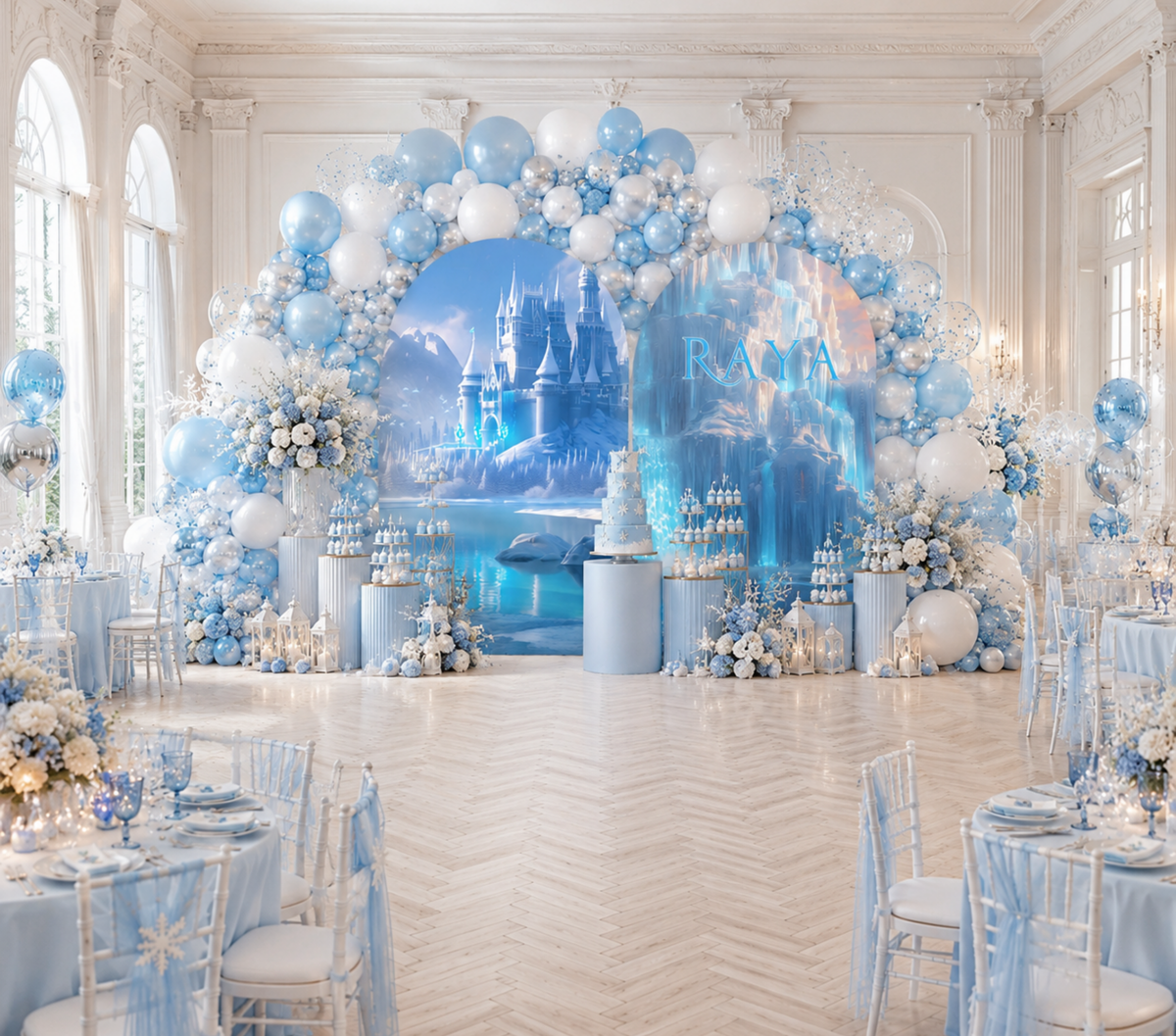 Snow Queen Princess Ice Castle Backdrop | Personalized 3-Panel Arch Birthday Party Decor