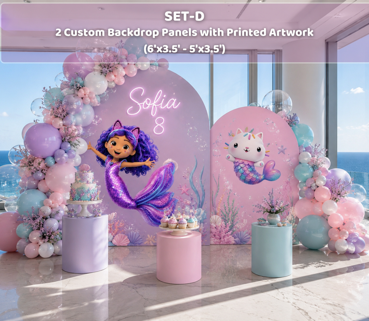 Pastel purple Gabby's Dollhouse mermaid backdrop with character cutouts and soft ocean party decorations