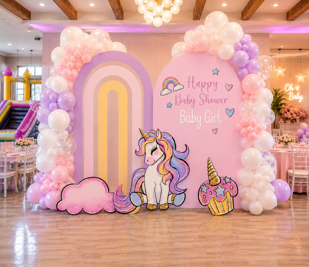 Pink pastel unicorn birthday backdrop with rainbow arch, floral balloon garland and matching unicorn cutouts for an elegant kids party.