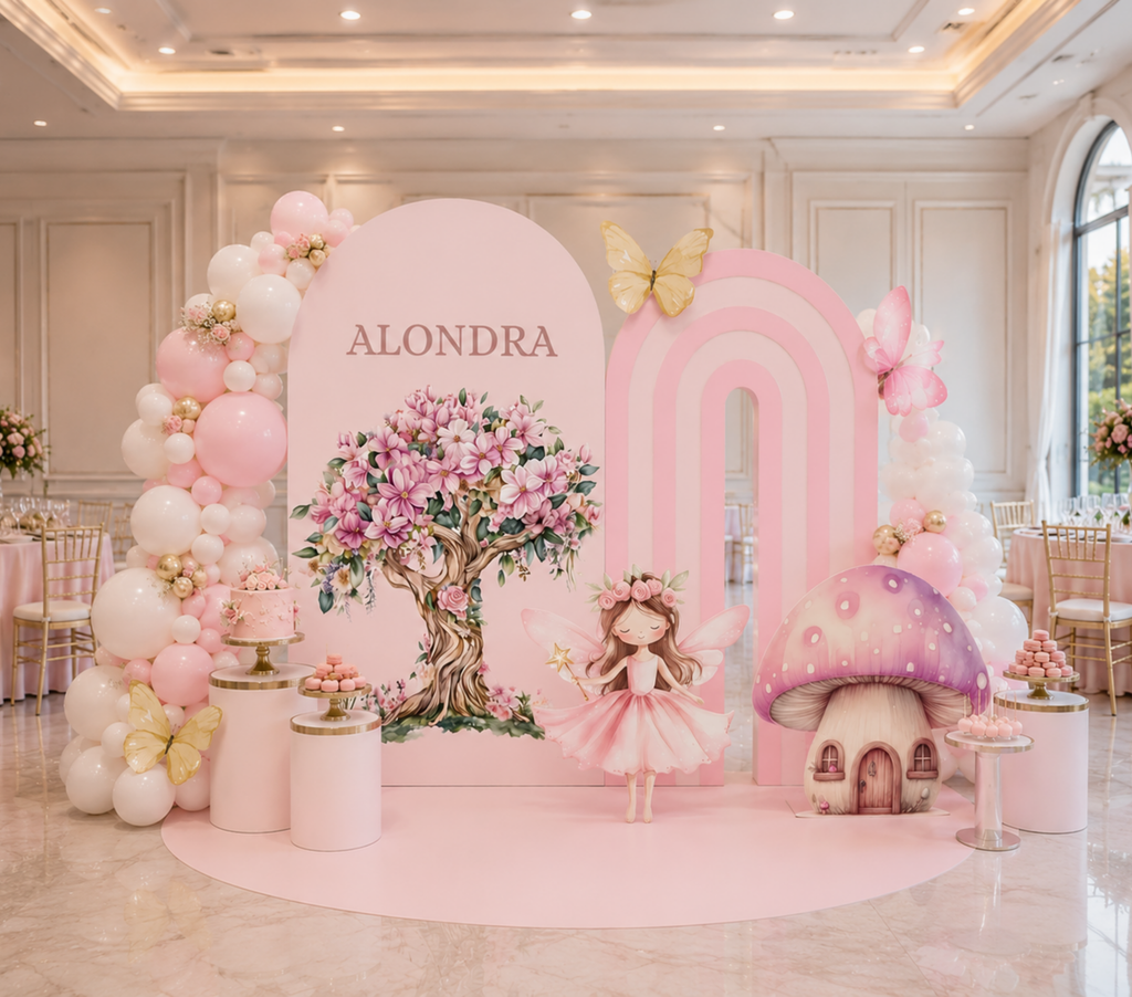 Pink fairy birthday backdrop with layered arch panels, floral accents and soft pastel decorations for an enchanted girls party.