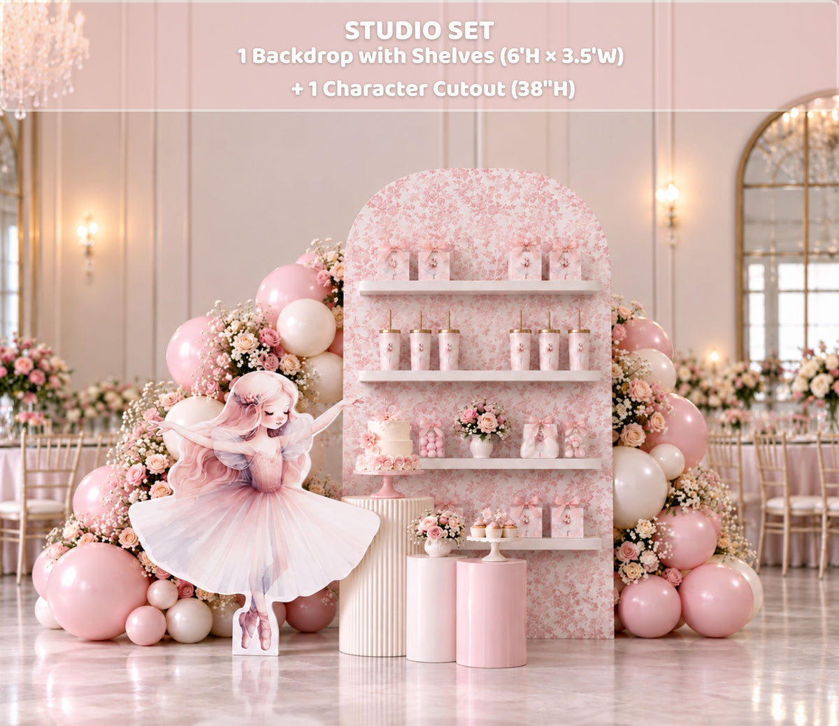 Elegant ballerina birthday shelf display with pastel pink backdrop panels, floral details and coordinated ballet party decor.