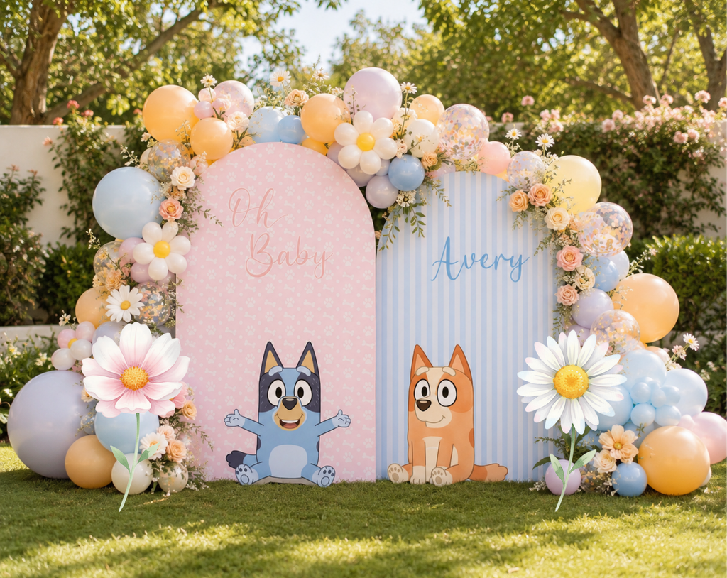 Outdoor puppy family birthday backdrop with pink doghouse panel, pastel balloon garland and colorful character cutouts for kids.