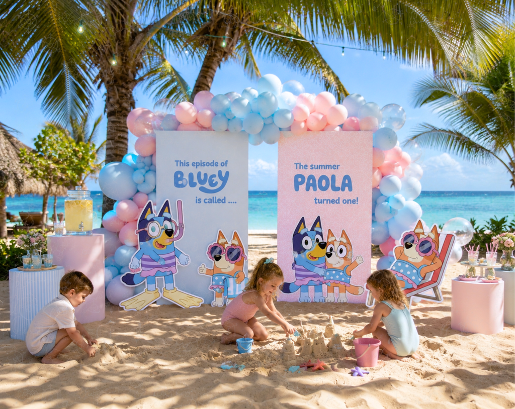 Custom Blue Puppy Pool Party Backdrop & Cutouts | Personalized Summer Kids Birthday Decorations