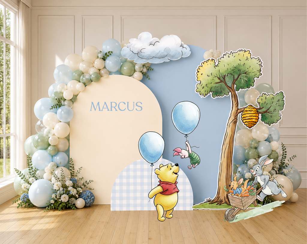 Personalized blue woodland backdrop with classic bear inspired character cutouts, balloons and sweet baby shower party decor.