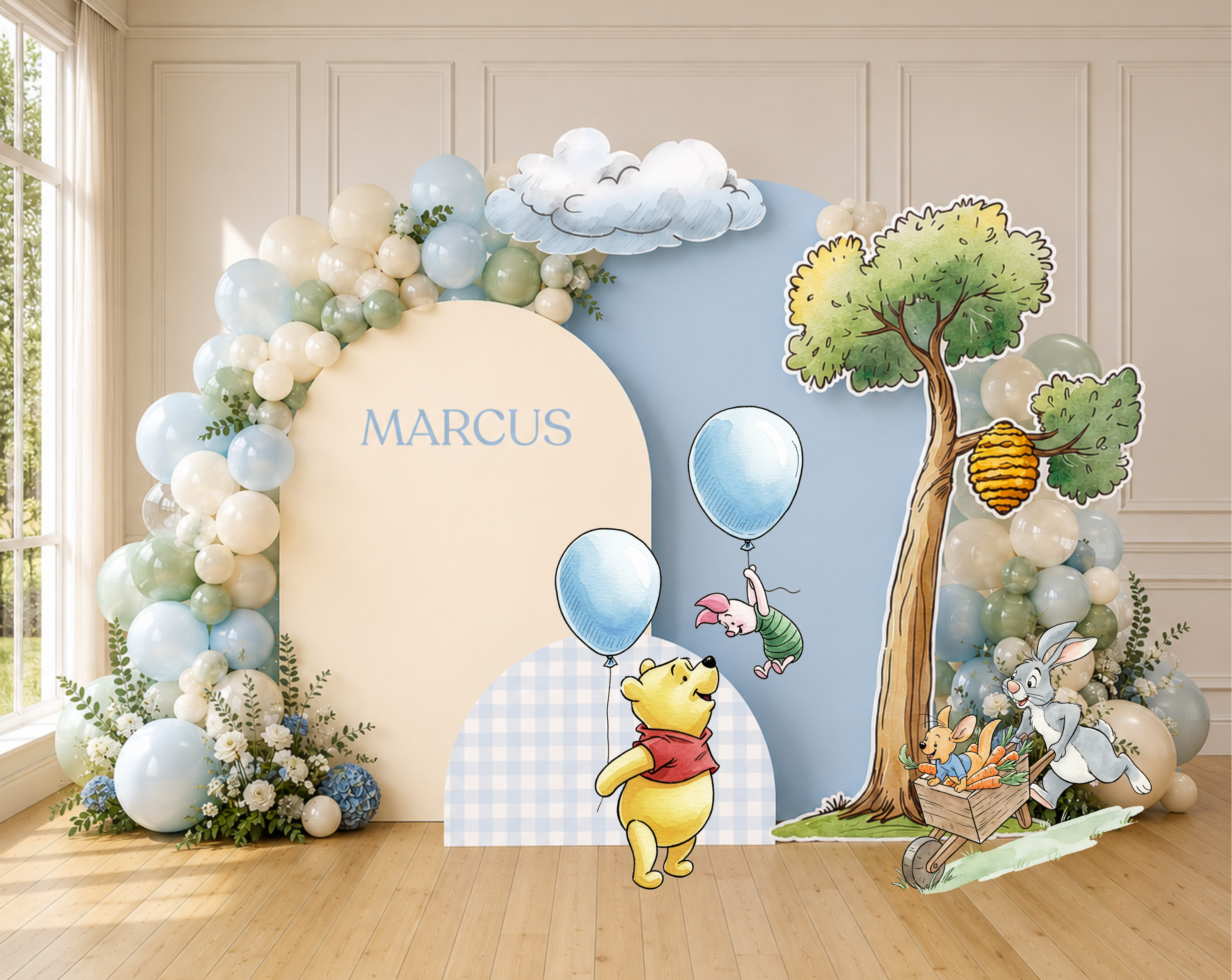 Personalized blue woodland backdrop with classic bear inspired character cutouts, balloons and sweet baby shower party decor.