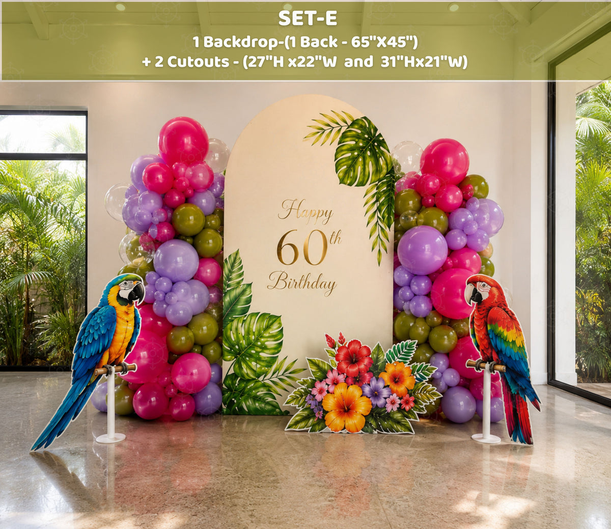 Personalized tropical birthday backdrop with colorful parrots, pink flowers and vibrant party decorations