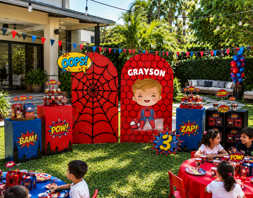 Superhero First Birthday Backdrop & Cutouts | Personalized Comic City Party Decorations