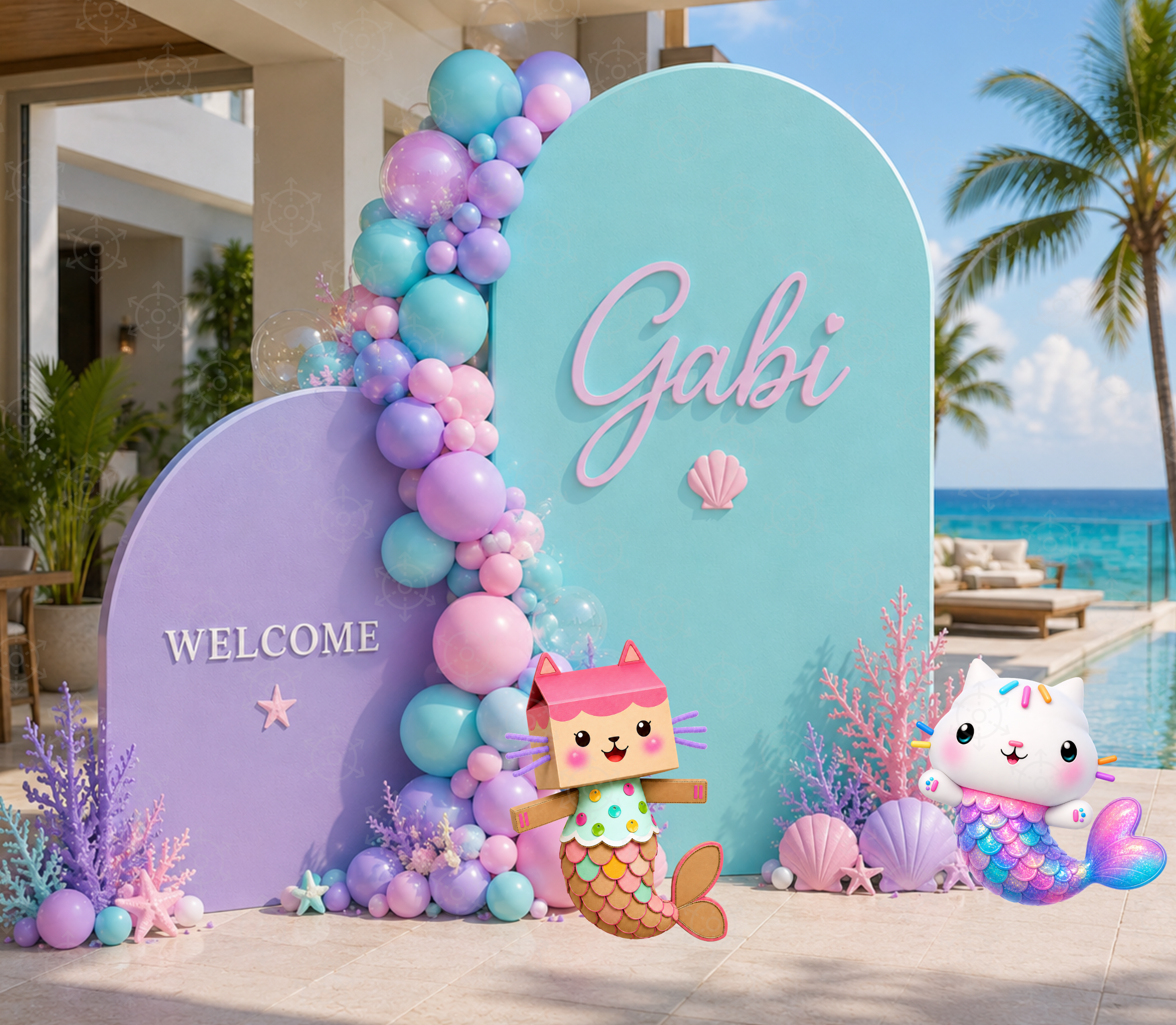 Aqua Gabby's Dollhouse mermaid backdrop with pastel balloon garland and colorful character cutouts