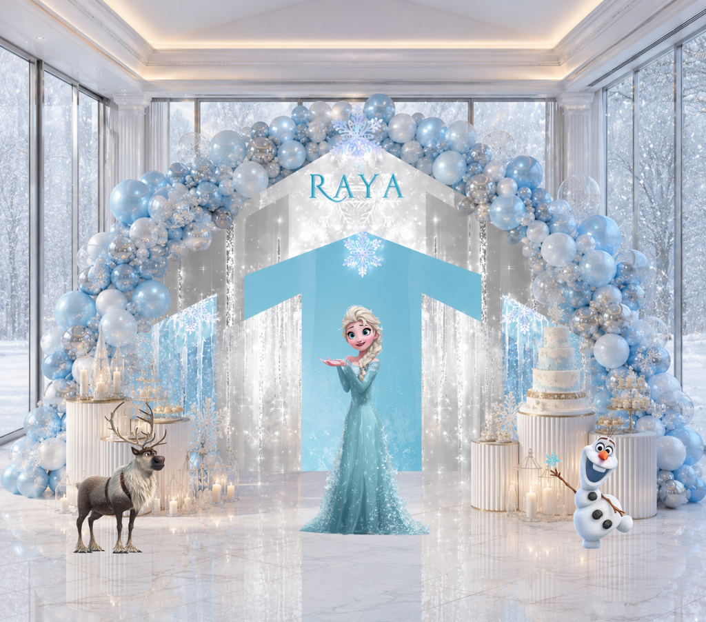 Snow Queen Princess Ice Castle Backdrop | Personalized 3-Panel Arch Birthday Party Decor