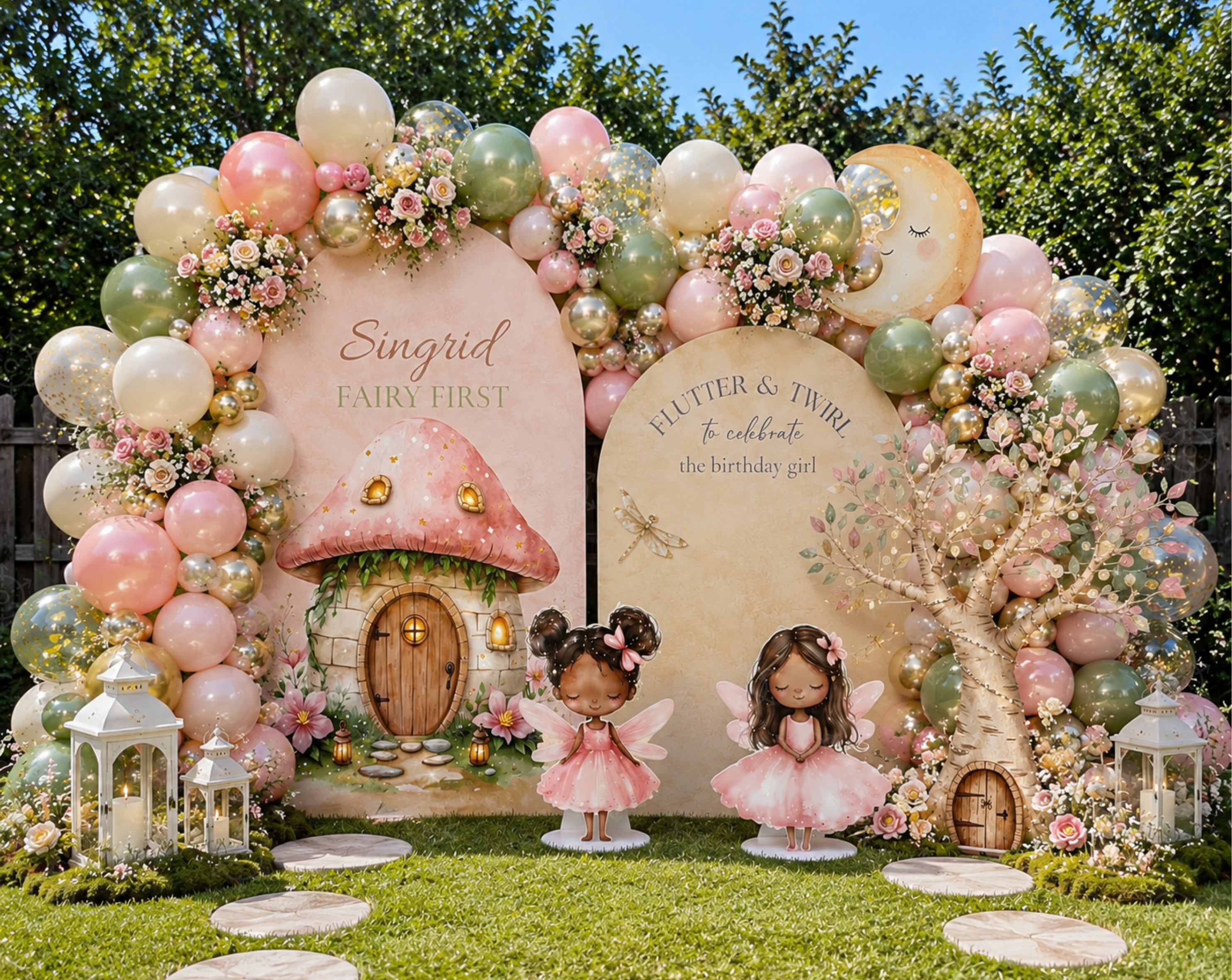 Fairy First Birthday Backdrop & Cutouts | Personalized Enchanted Garden Party Decorations