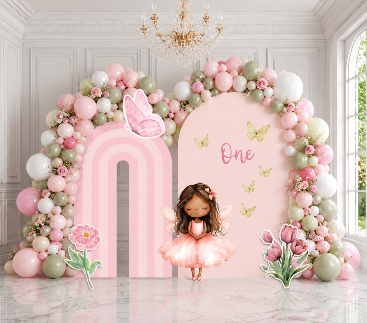 Personalized fairy first birthday backdrop with blush pink panels, flowers and whimsical woodland details for an indoor celebration.