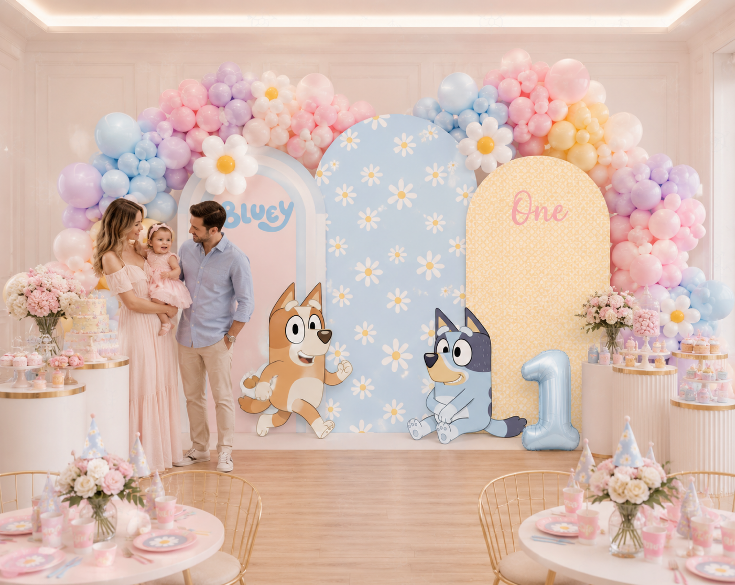 Personalized puppy birthday backdrop with pink and blue arch panels, pastel balloons and puppy family character party decorations.
