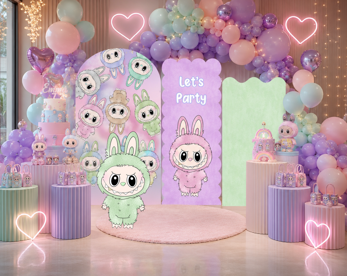 Pastel monster birthday party backdrop with pink and mint arch panels, balloon decor and adorable character cutouts for kids.