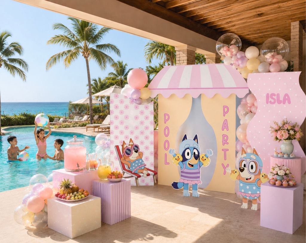 Custom Blue Puppy Pool Party Backdrop & Cutouts | Personalized Summer Kids Birthday Decorations