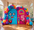 Outdoor Numberblocks fifth birthday setup with bright character backdrop, colorful balloons and personalized kids celebration decor.