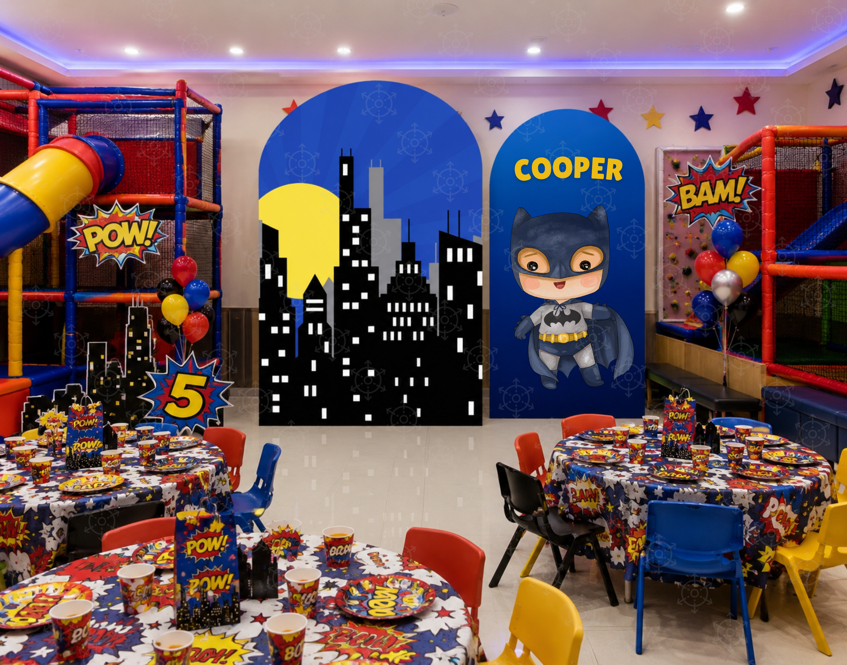 Superhero First Birthday Backdrop & Cutouts | Personalized Comic City Party Decorations