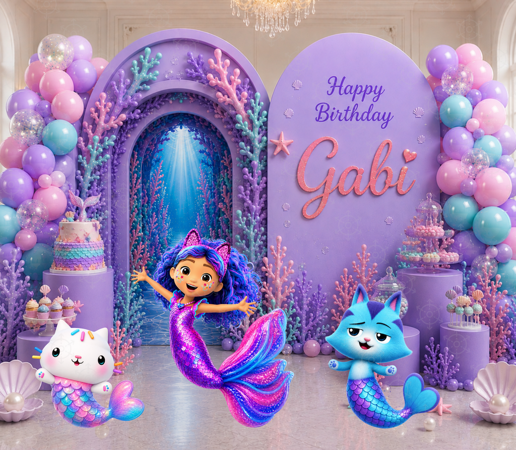Underwater Gabby's Dollhouse mermaid party backdrop with rainbow arch and vibrant ocean decorations