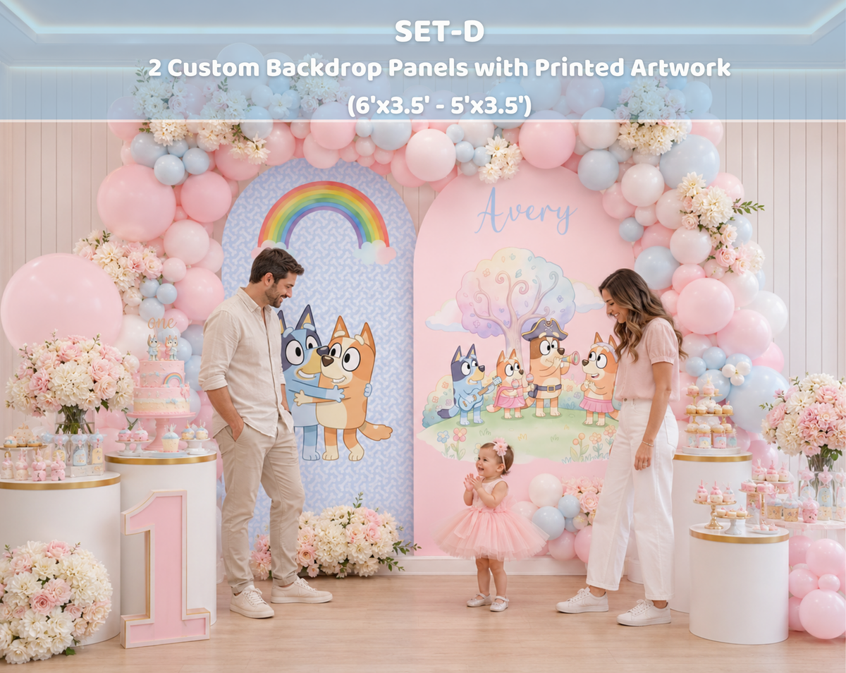 Pink puppy family birthday backdrop with rainbow accent, character cutouts and soft pastel balloon decorations for a personalized celebration.