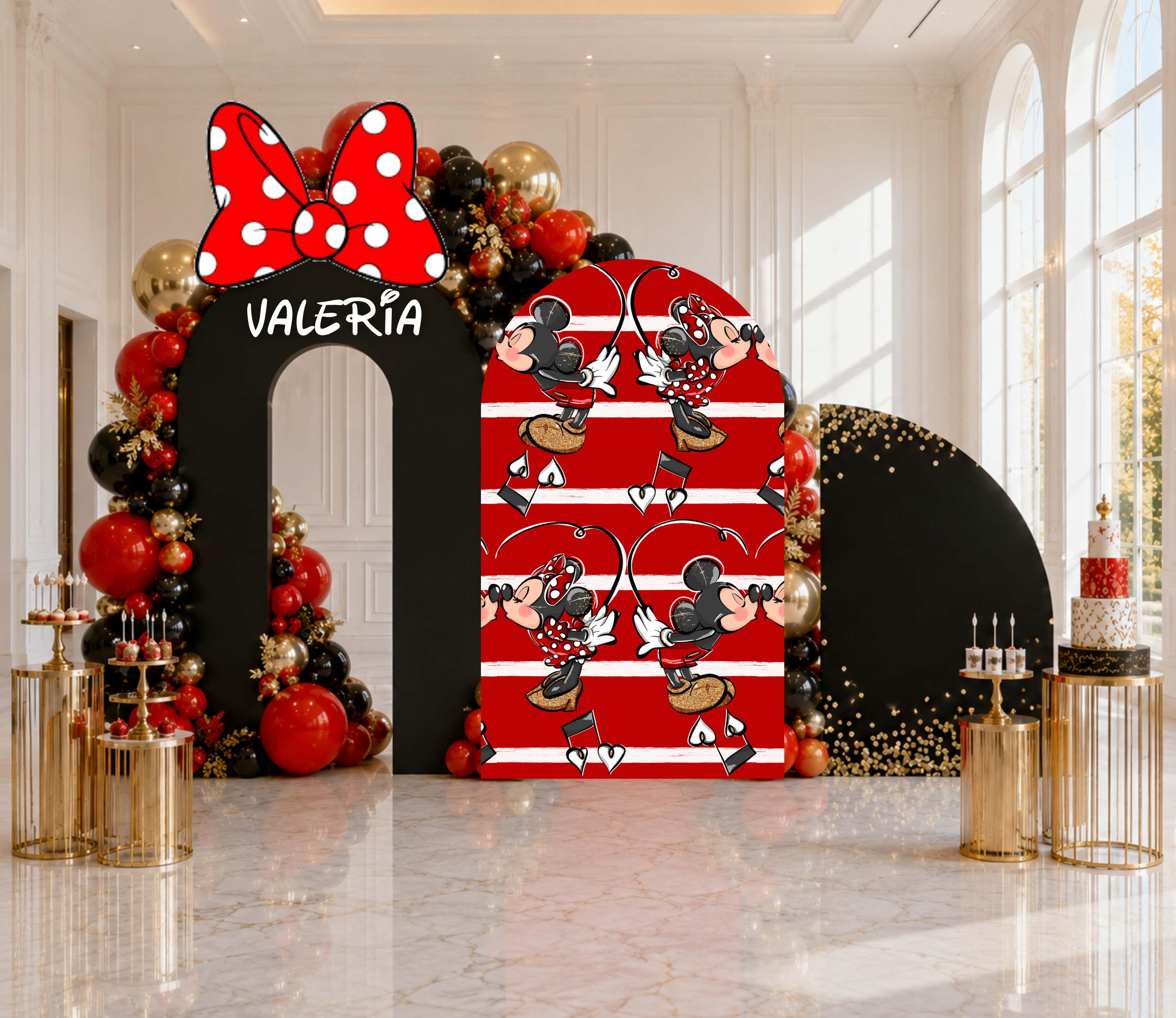 Personalized classic mouse birthday backdrop set in red, black and gold with bow details, balloons and matching party cutouts