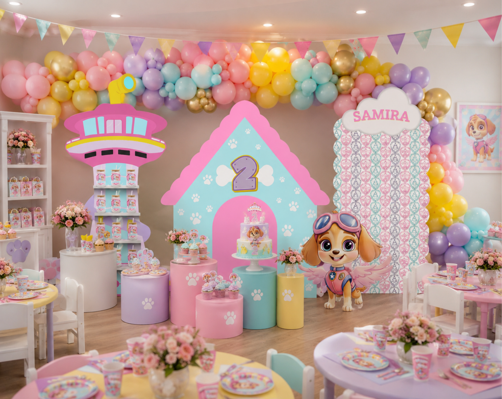 Personalized puppy rescue birthday backdrop with built-in party favor shelves, pastel doghouse panels, colorful balloons and summer party decorations.