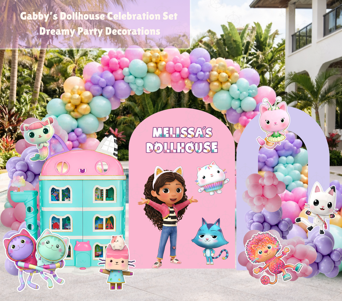 Dollhouse Birthday Backdrop & Character Cutouts | Personalized Kids Party Decorations