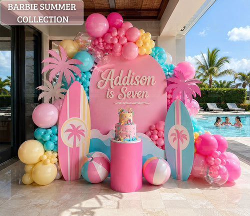 Personalized pink summer birthday backdrop with tropical pool party cutouts and balloon decor