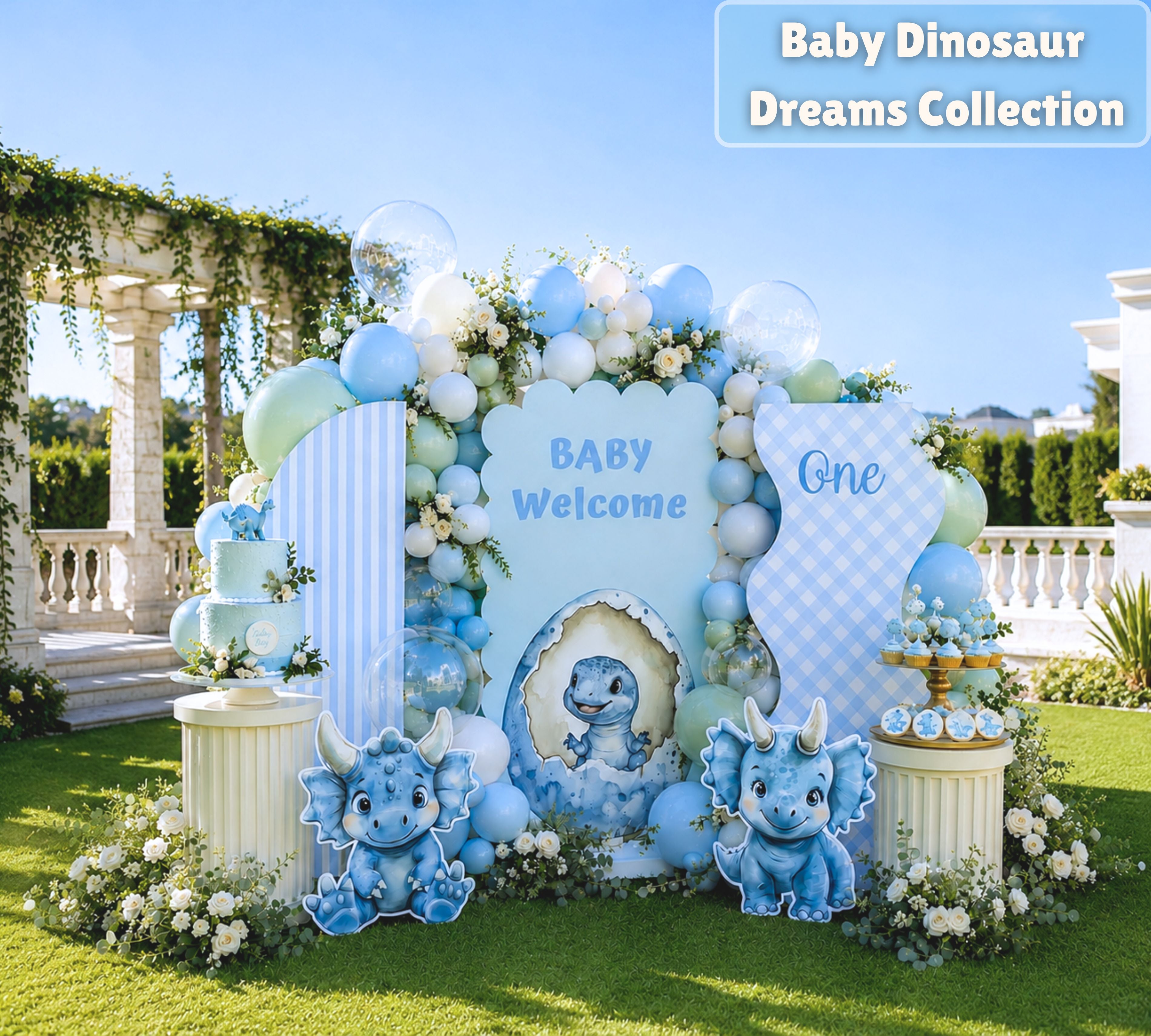 Personalized baby dinosaur backdrop with blue arch panels, gingham dinosaur panel, balloon garland and cute dino cutouts for a baby shower or first birthday.