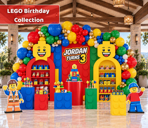 Personalized building block birthday backdrop with bright red yellow blue and green panels, balloon garland and colorful brick inspired party decor.