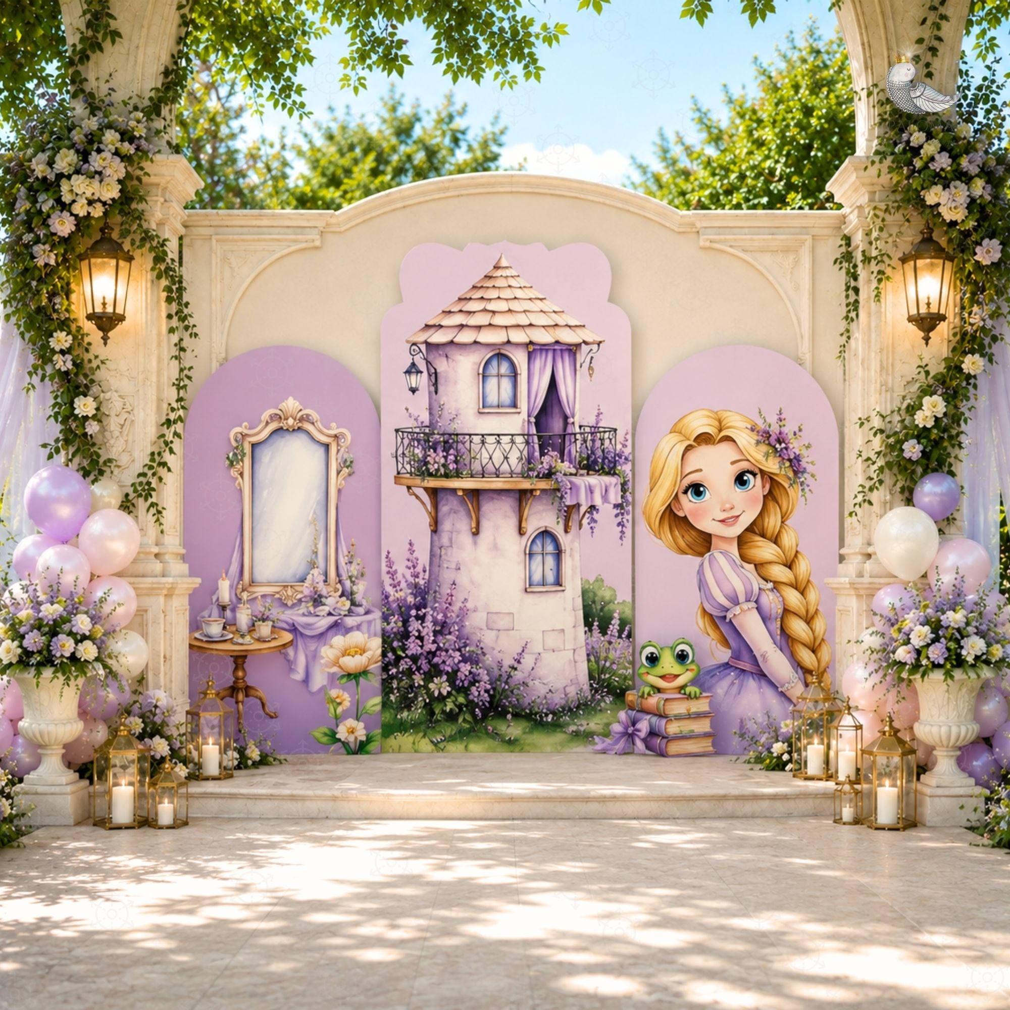 Fairytale princess birthday backdrop with pastel cottage panel, lantern details and long hair princess cutouts for an outdoor celebration.